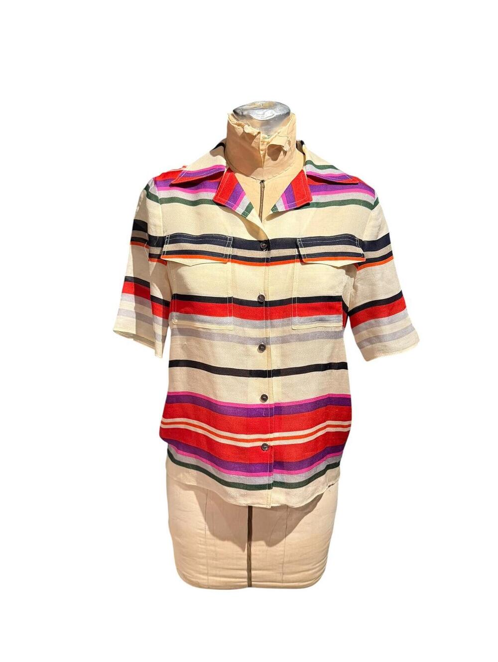 Derek Lam Silk and Wool Multicolor Striped Button-Up Shirt